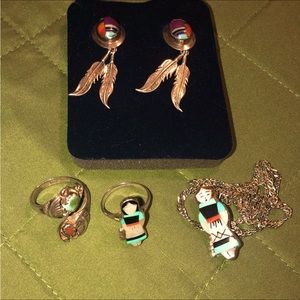 Vintage Native American Zuni signed sterling turquoise rings necklace earrings